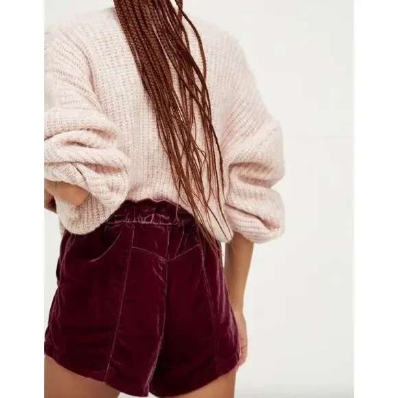 Free People At First Sight Velvet Paperbag Shorts High Rise Red Wine Burgundy XS - Picture 9 of 12